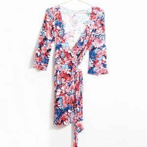 Alicia Bell Red Blue Floral 3/4 Sleeve Wrap Dress S